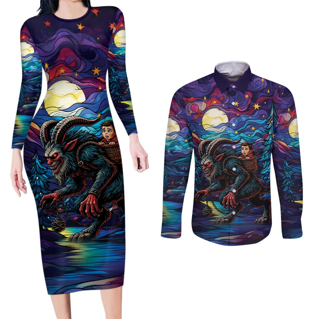 Stained Glass Krampus Couples Matching Long Sleeve Bodycon Dress and Long Sleeve Button Shirt Gothic Christmas Myth - Wonder Print Shop