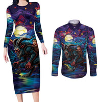 Stained Glass Krampus Couples Matching Long Sleeve Bodycon Dress and Long Sleeve Button Shirt Gothic Christmas Myth - Wonder Print Shop