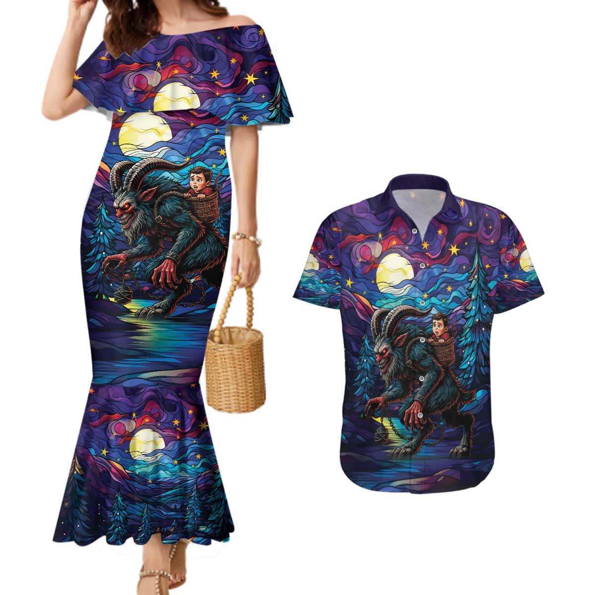 Stained Glass Krampus Couples Matching Mermaid Dress and Hawaiian Shirt Gothic Christmas Myth - Wonder Print Shop