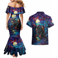 Stained Glass Krampus Couples Matching Mermaid Dress and Hawaiian Shirt Gothic Christmas Myth - Wonder Print Shop