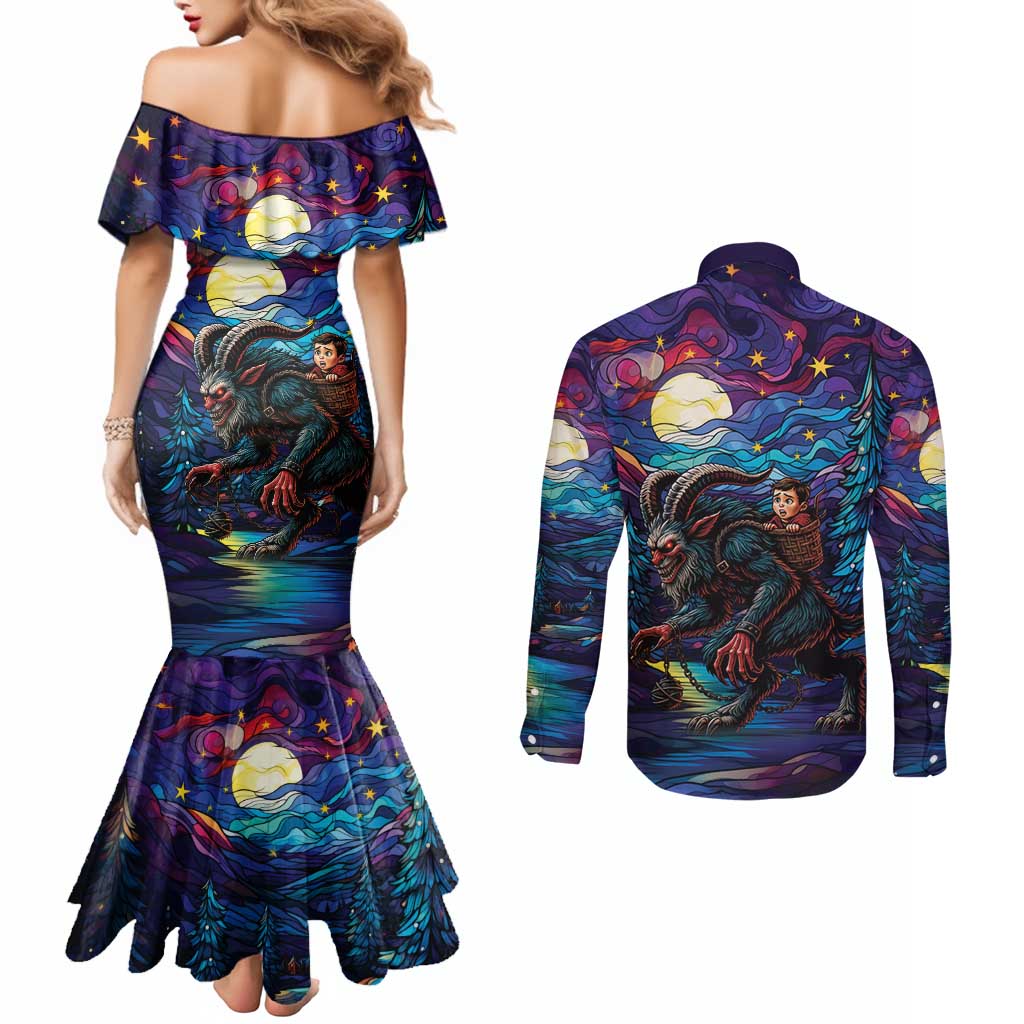 Stained Glass Krampus Couples Matching Mermaid Dress and Long Sleeve Button Shirt Gothic Christmas Myth - Wonder Print Shop