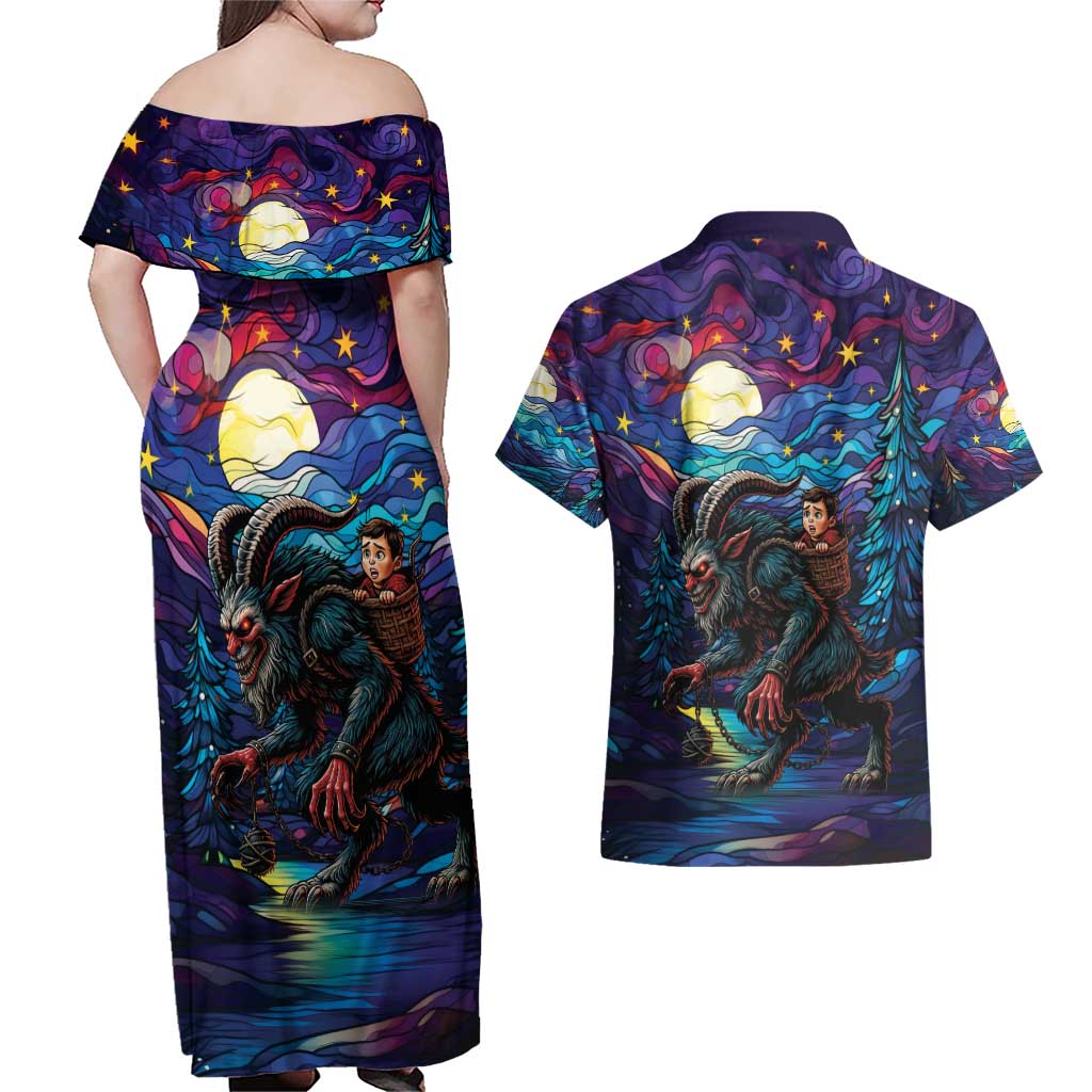 Stained Glass Krampus Couples Matching Off Shoulder Maxi Dress and Hawaiian Shirt Gothic Christmas Myth - Wonder Print Shop