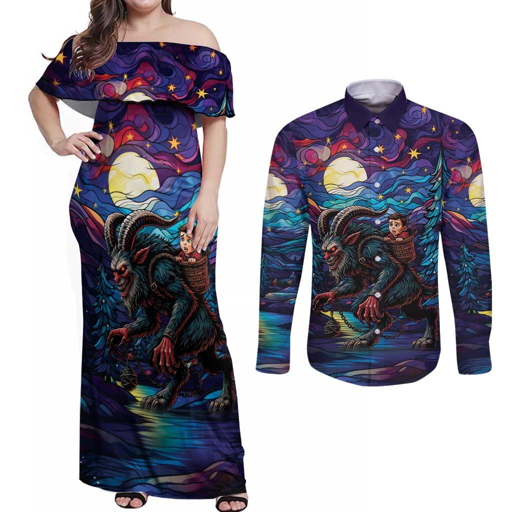 Stained Glass Krampus Couples Matching Off Shoulder Maxi Dress and Long Sleeve Button Shirt Gothic Christmas Myth - Wonder Print Shop