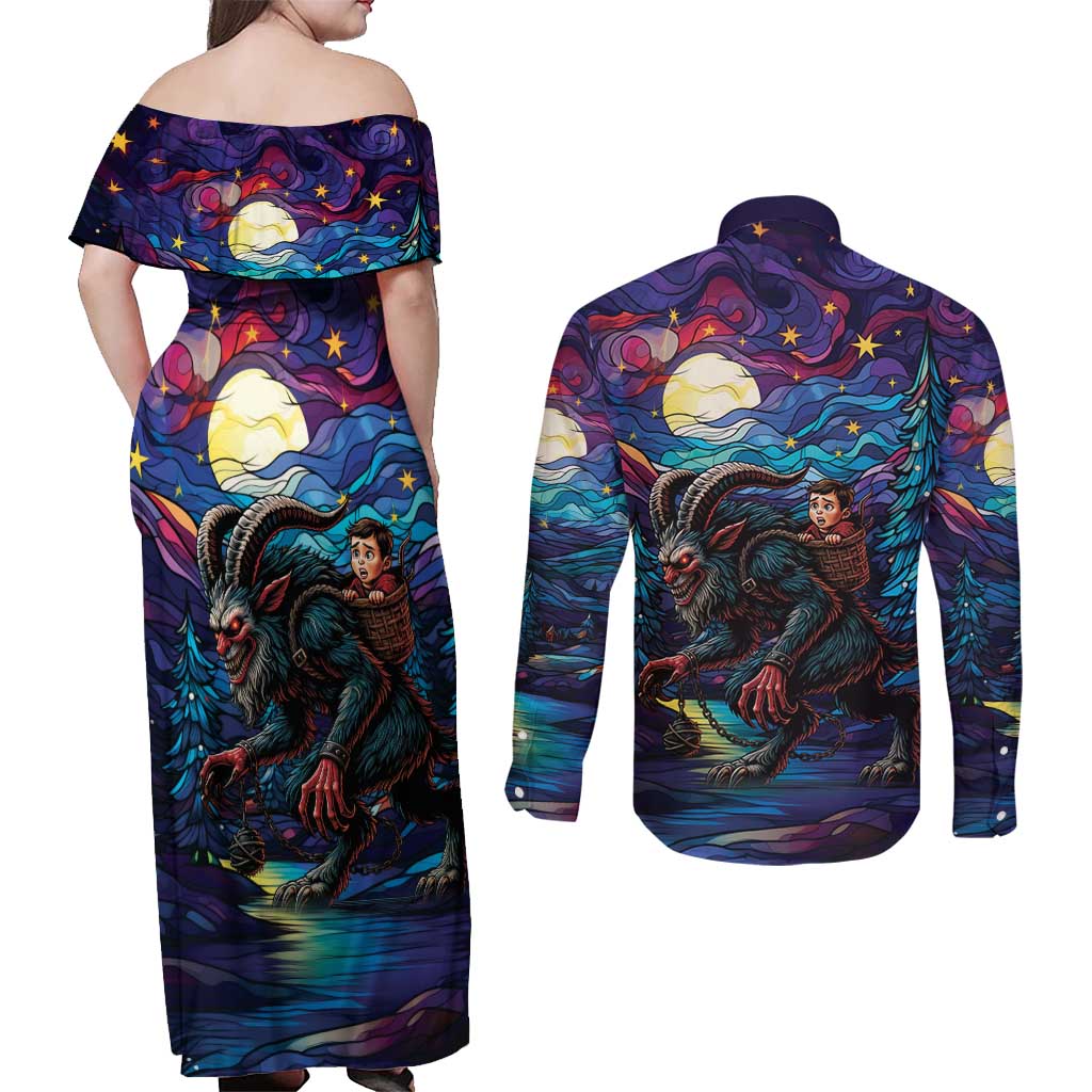 Stained Glass Krampus Couples Matching Off Shoulder Maxi Dress and Long Sleeve Button Shirt Gothic Christmas Myth - Wonder Print Shop