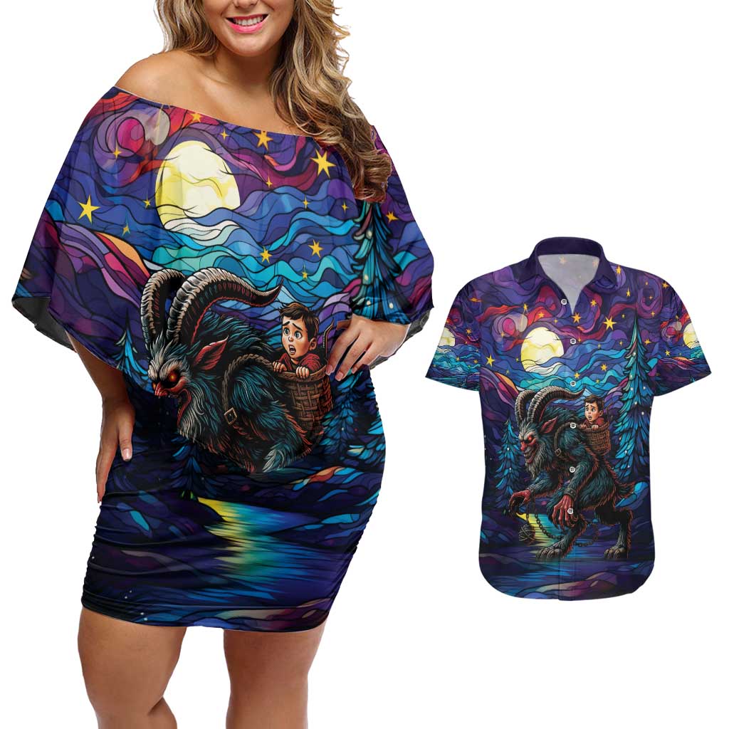 Stained Glass Krampus Couples Matching Off Shoulder Short Dress and Hawaiian Shirt Gothic Christmas Myth - Wonder Print Shop