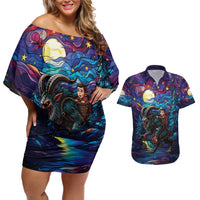 Stained Glass Krampus Couples Matching Off Shoulder Short Dress and Hawaiian Shirt Gothic Christmas Myth - Wonder Print Shop