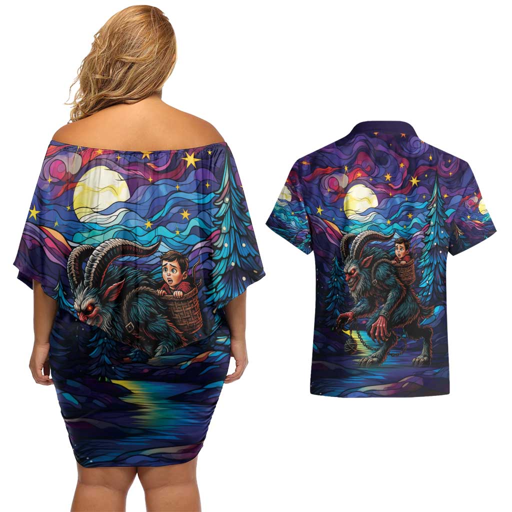 Stained Glass Krampus Couples Matching Off Shoulder Short Dress and Hawaiian Shirt Gothic Christmas Myth - Wonder Print Shop