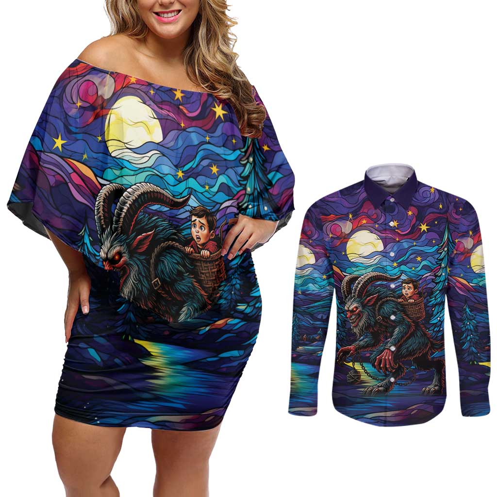 Stained Glass Krampus Couples Matching Off Shoulder Short Dress and Long Sleeve Button Shirt Gothic Christmas Myth - Wonder Print Shop