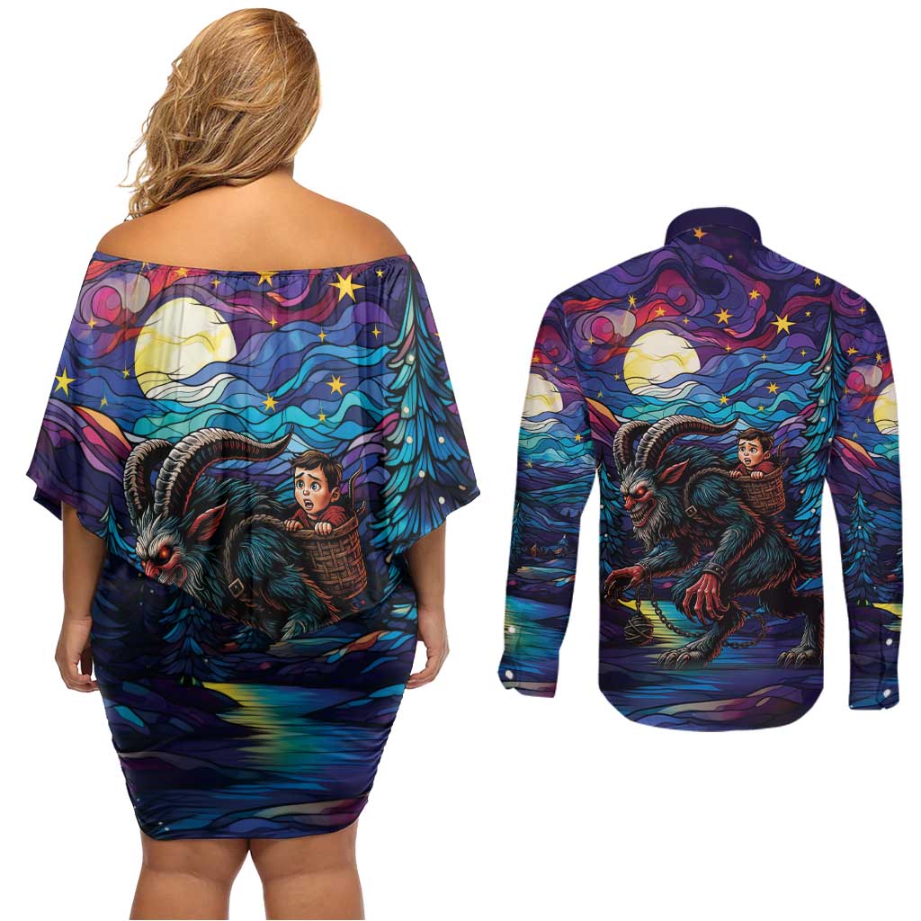 Stained Glass Krampus Couples Matching Off Shoulder Short Dress and Long Sleeve Button Shirt Gothic Christmas Myth - Wonder Print Shop