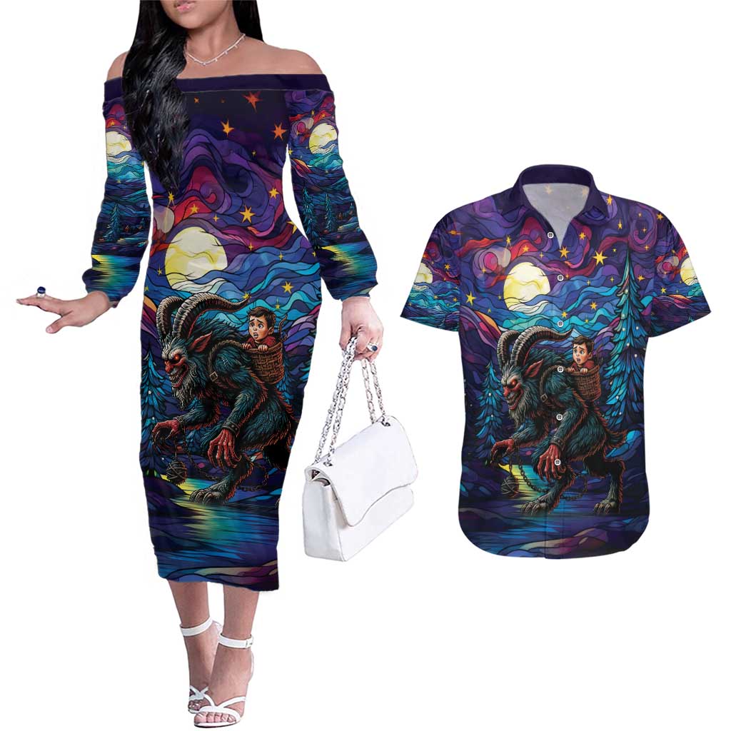 Stained Glass Krampus Couples Matching Off The Shoulder Long Sleeve Dress and Hawaiian Shirt Gothic Christmas Myth - Wonder Print Shop