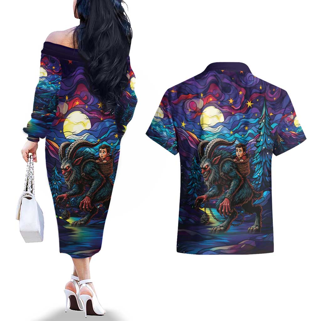 Stained Glass Krampus Couples Matching Off The Shoulder Long Sleeve Dress and Hawaiian Shirt Gothic Christmas Myth - Wonder Print Shop