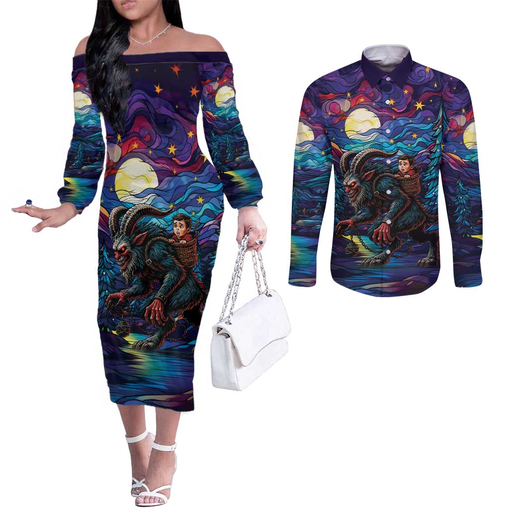 Stained Glass Krampus Couples Matching Off The Shoulder Long Sleeve Dress and Long Sleeve Button Shirt Gothic Christmas Myth - Wonder Print Shop