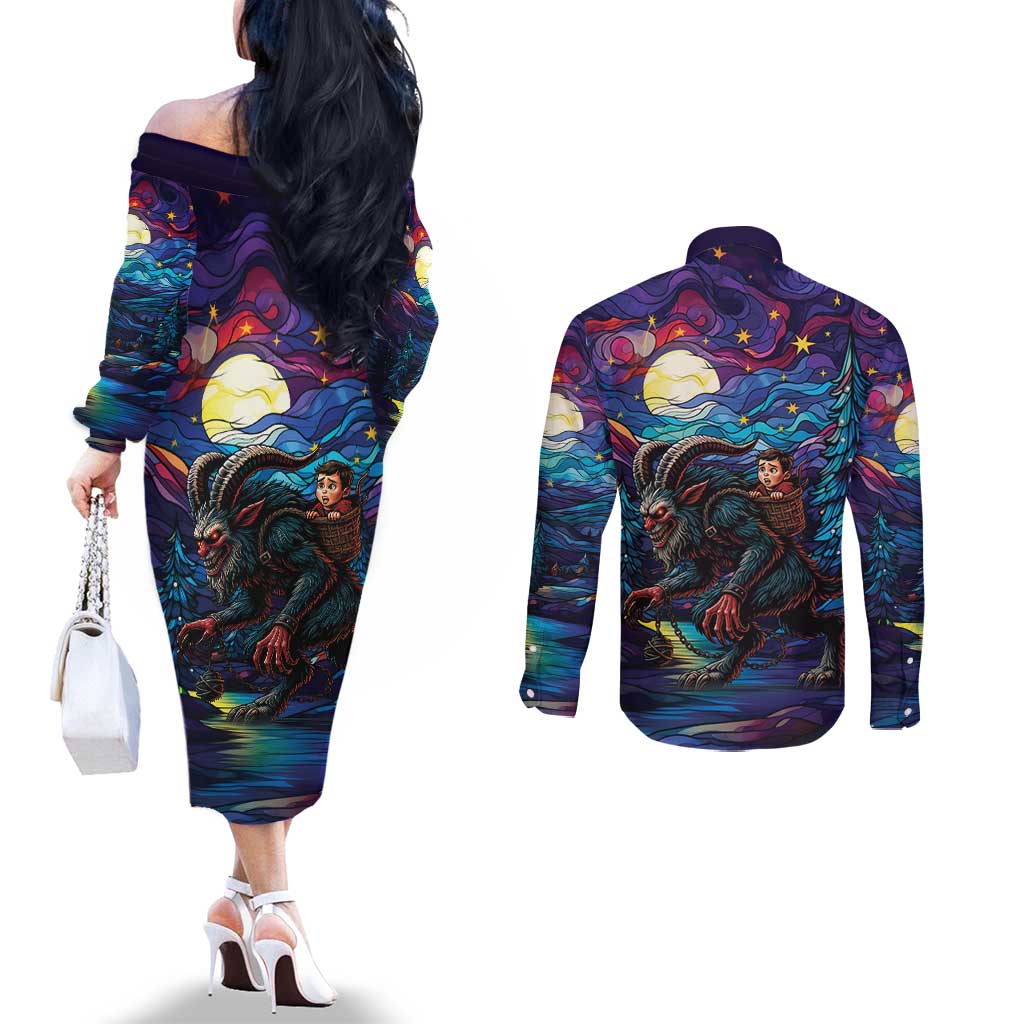 Stained Glass Krampus Couples Matching Off The Shoulder Long Sleeve Dress and Long Sleeve Button Shirt Gothic Christmas Myth - Wonder Print Shop