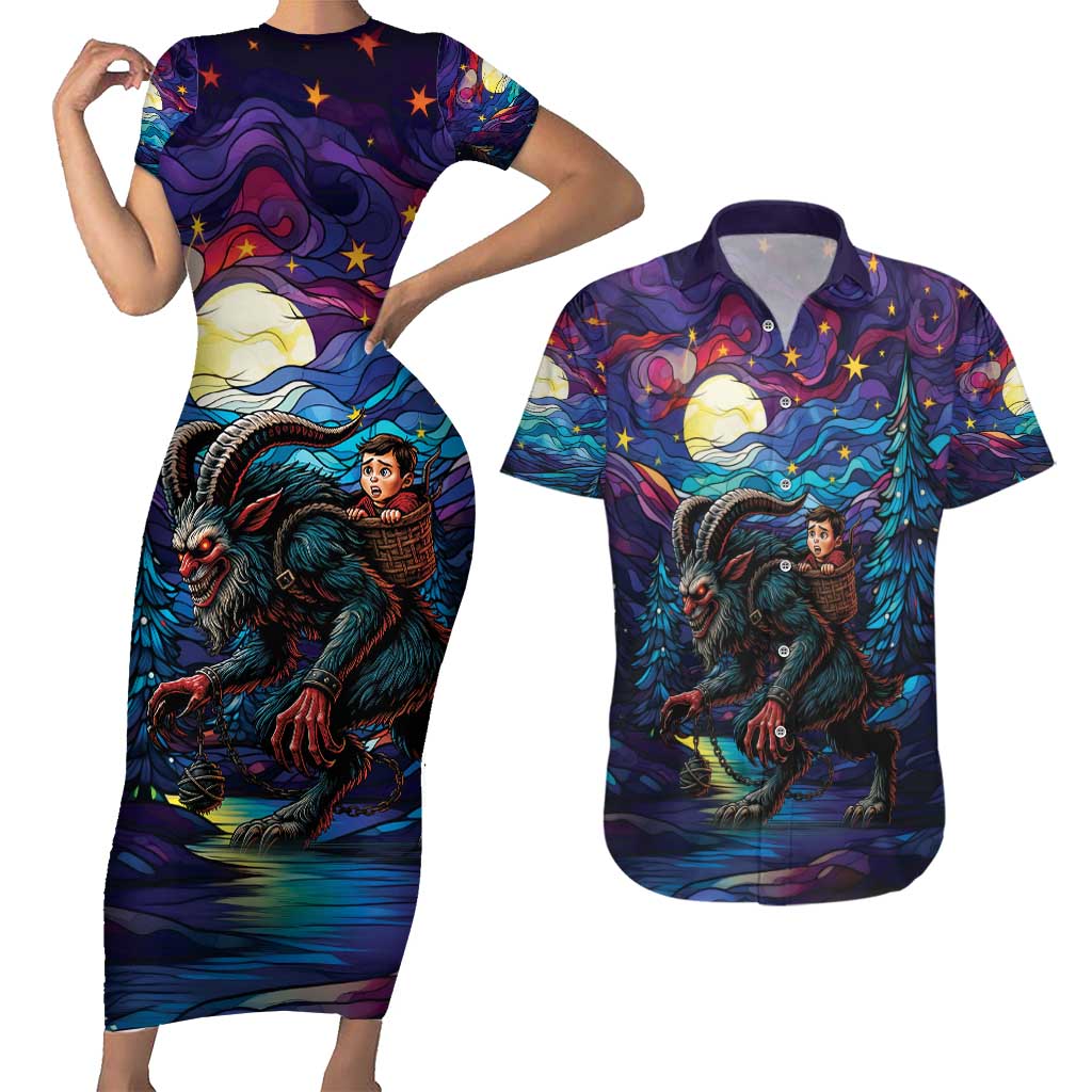 Stained Glass Krampus Couples Matching Short Sleeve Bodycon Dress and Hawaiian Shirt Gothic Christmas Myth - Wonder Print Shop