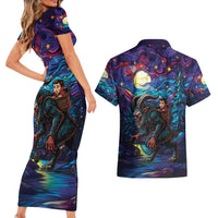 Stained Glass Krampus Couples Matching Short Sleeve Bodycon Dress and Hawaiian Shirt Gothic Christmas Myth - Wonder Print Shop