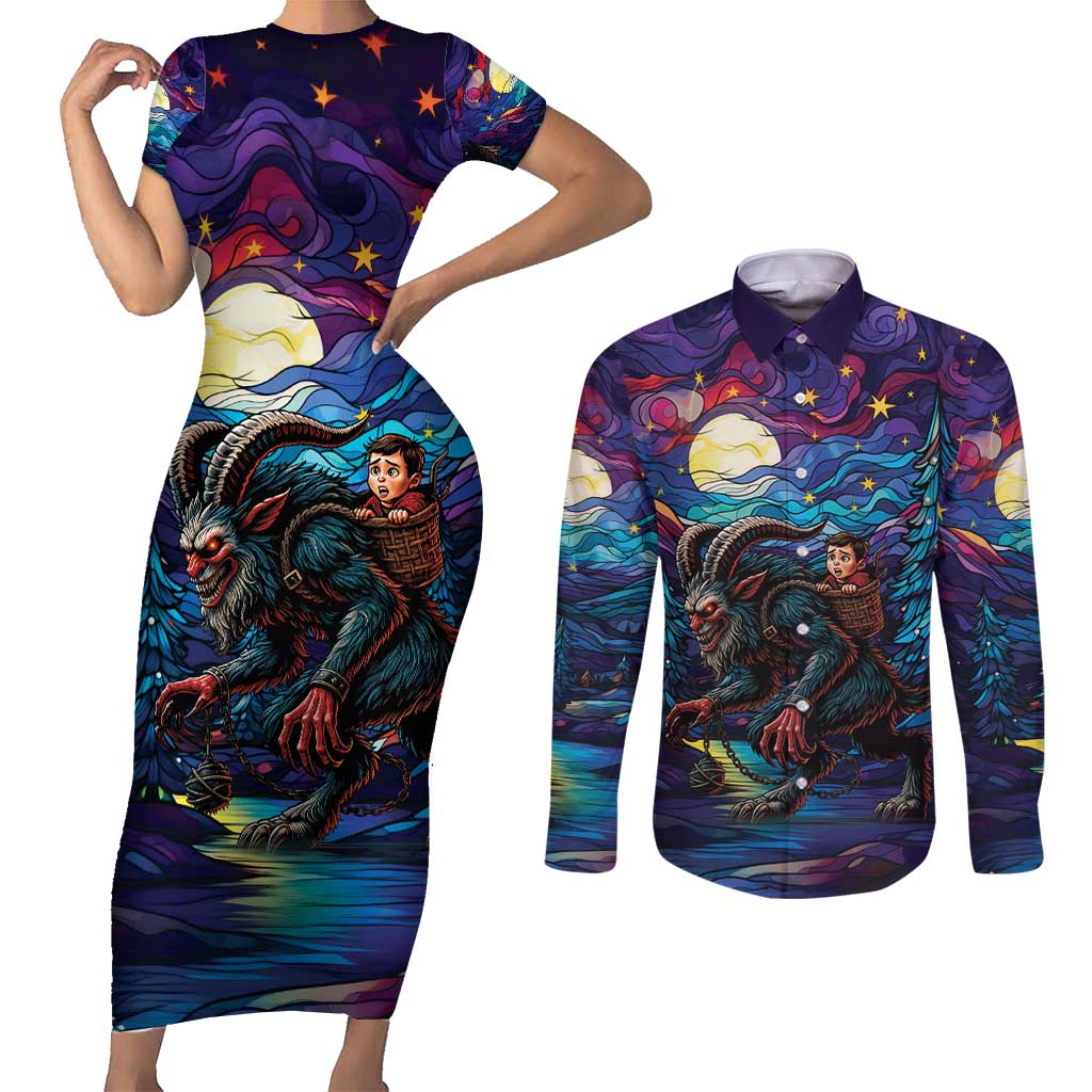 Stained Glass Krampus Couples Matching Short Sleeve Bodycon Dress and Long Sleeve Button Shirt Gothic Christmas Myth - Wonder Print Shop
