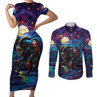 Stained Glass Krampus Couples Matching Short Sleeve Bodycon Dress and Long Sleeve Button Shirt Gothic Christmas Myth - Wonder Print Shop