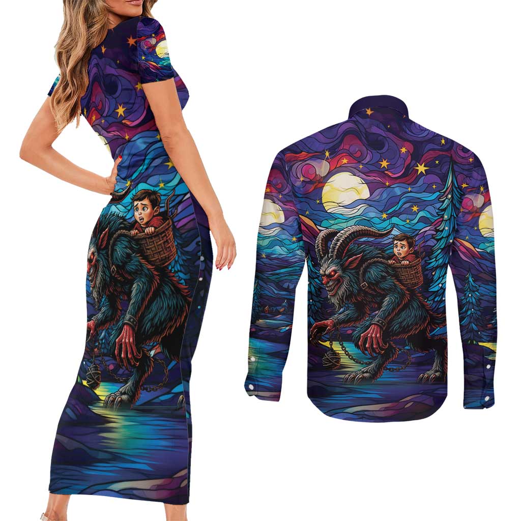 Stained Glass Krampus Couples Matching Short Sleeve Bodycon Dress and Long Sleeve Button Shirt Gothic Christmas Myth - Wonder Print Shop