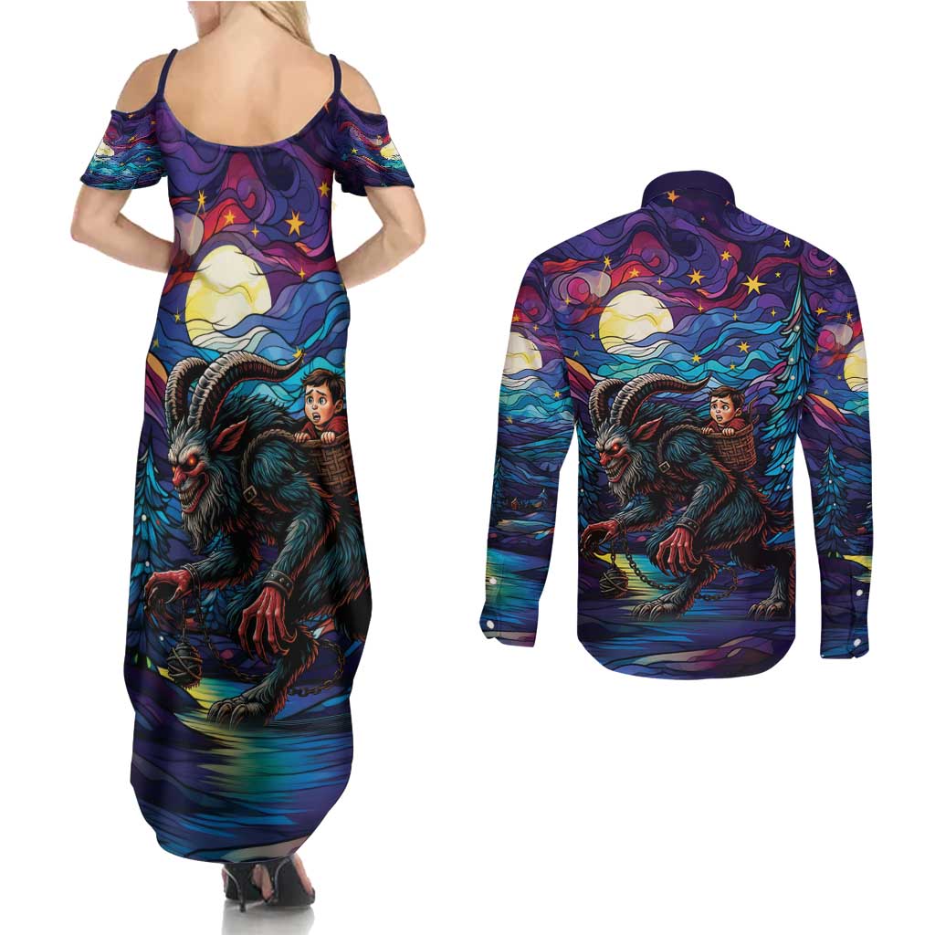 Stained Glass Krampus Couples Matching Summer Maxi Dress and Long Sleeve Button Shirt Gothic Christmas Myth - Wonder Print Shop