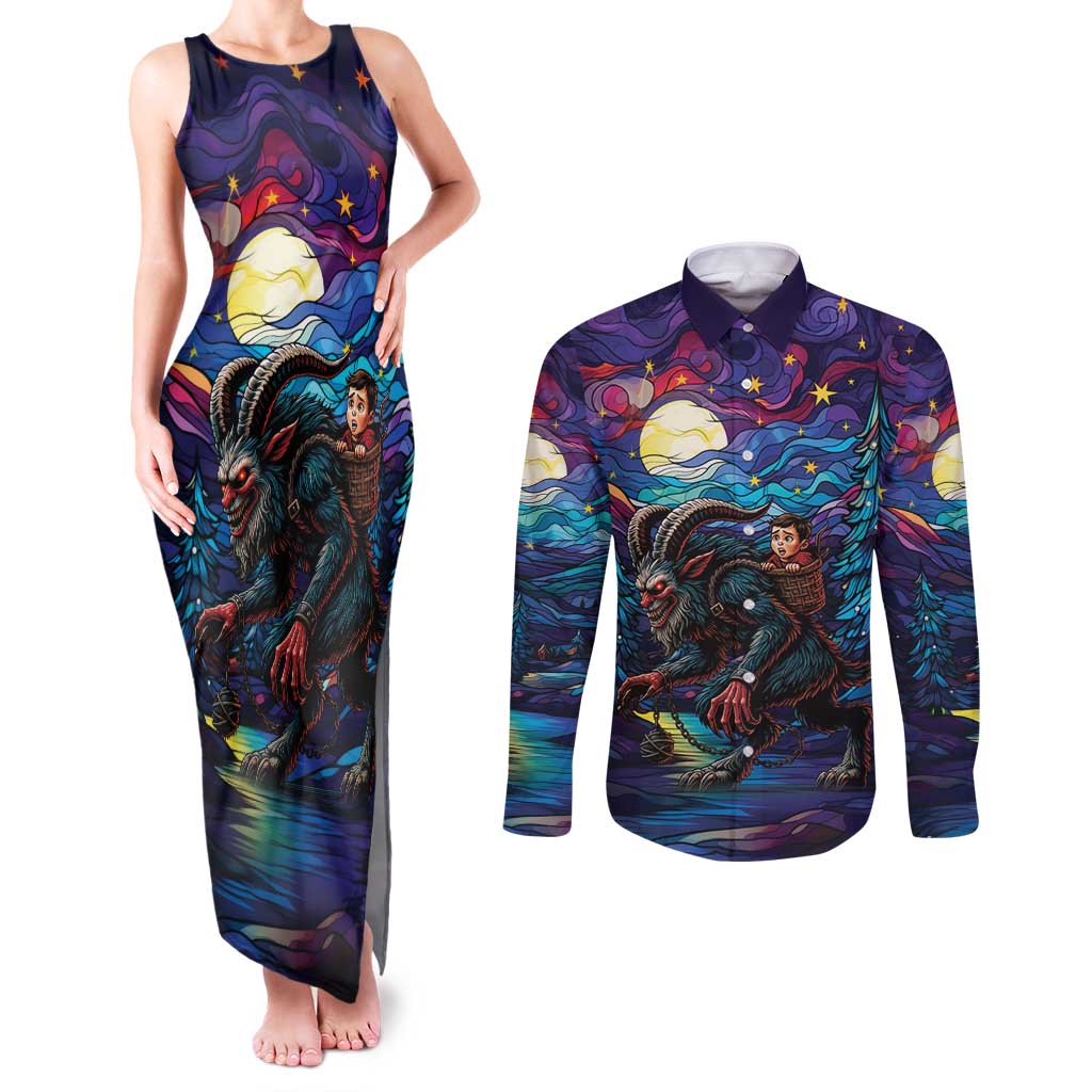 Stained Glass Krampus Couples Matching Tank Maxi Dress and Long Sleeve Button Shirt Gothic Christmas Myth - Wonder Print Shop