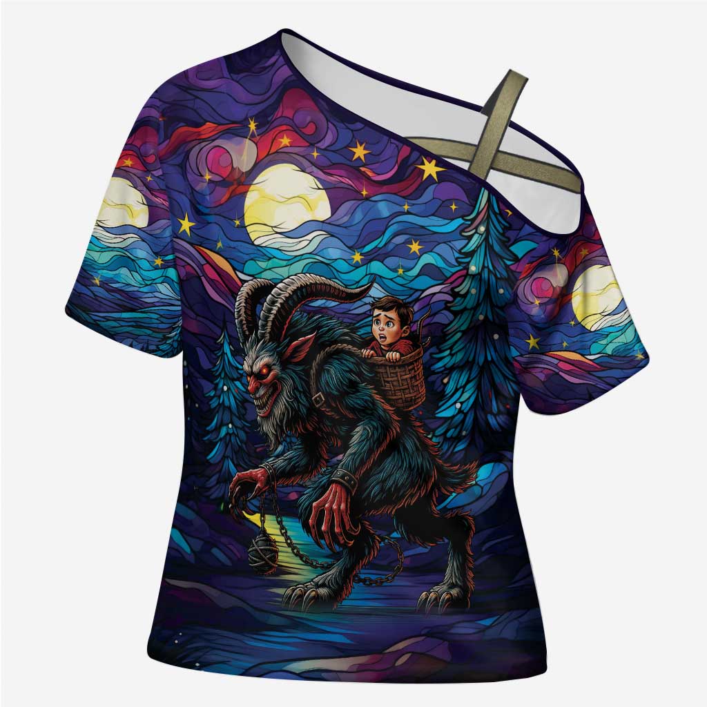 Stained Glass Krampus Cross Shoulder Shirt Gothic Christmas Myth - Wonder Print Shop