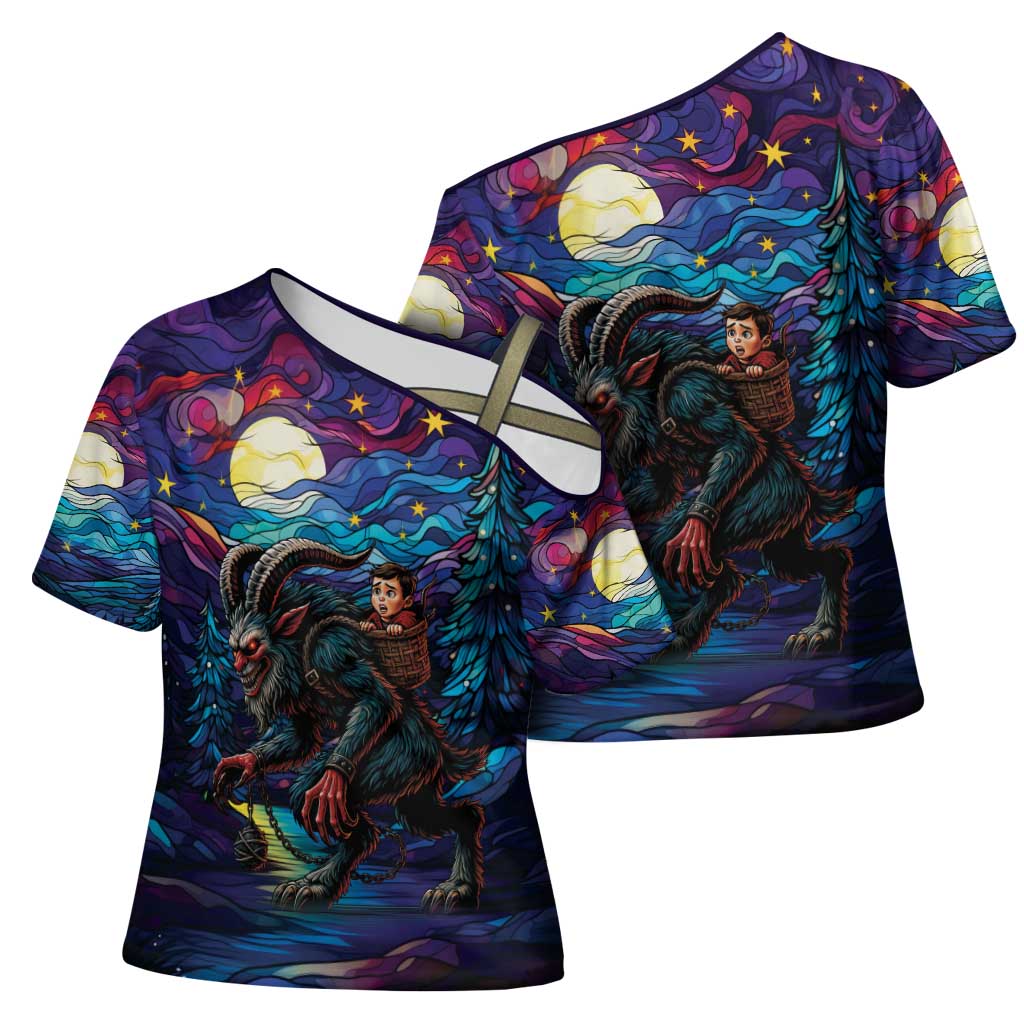 Stained Glass Krampus Cross Shoulder Shirt Gothic Christmas Myth - Wonder Print Shop