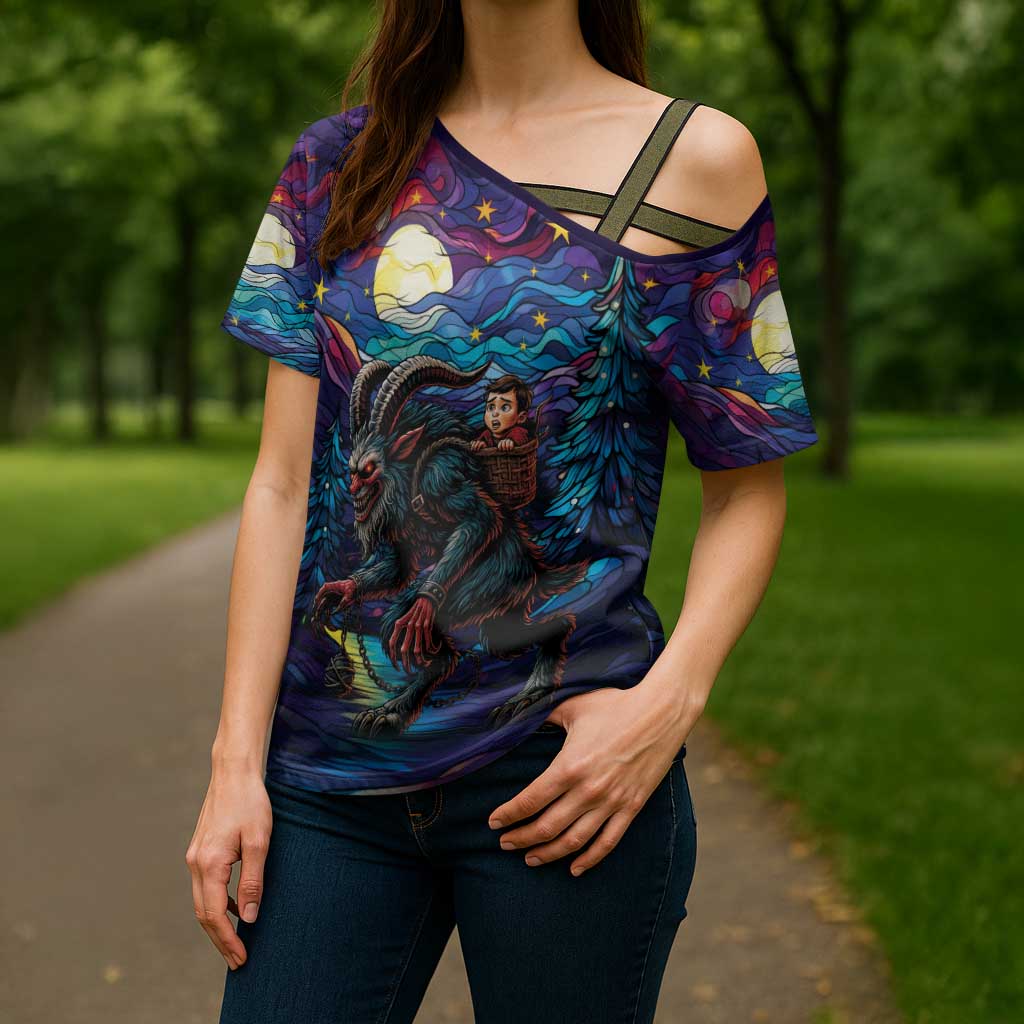 Stained Glass Krampus Cross Shoulder Shirt Gothic Christmas Myth - Wonder Print Shop