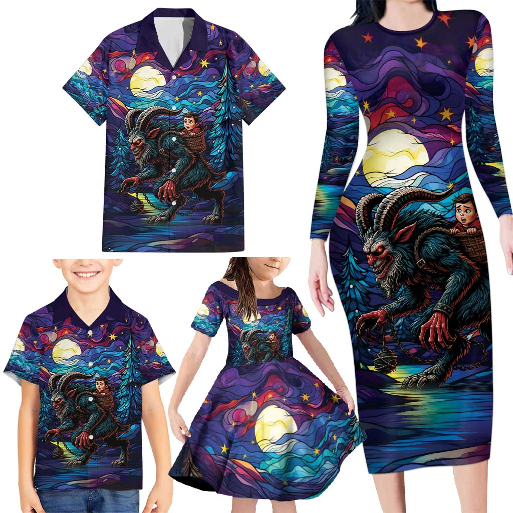 Stained Glass Krampus Family Matching Long Sleeve Bodycon Dress and Hawaiian Shirt Gothic Christmas Myth - Wonder Print Shop