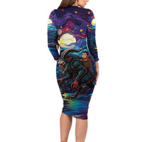 Stained Glass Krampus Family Matching Long Sleeve Bodycon Dress and Hawaiian Shirt Gothic Christmas Myth - Wonder Print Shop