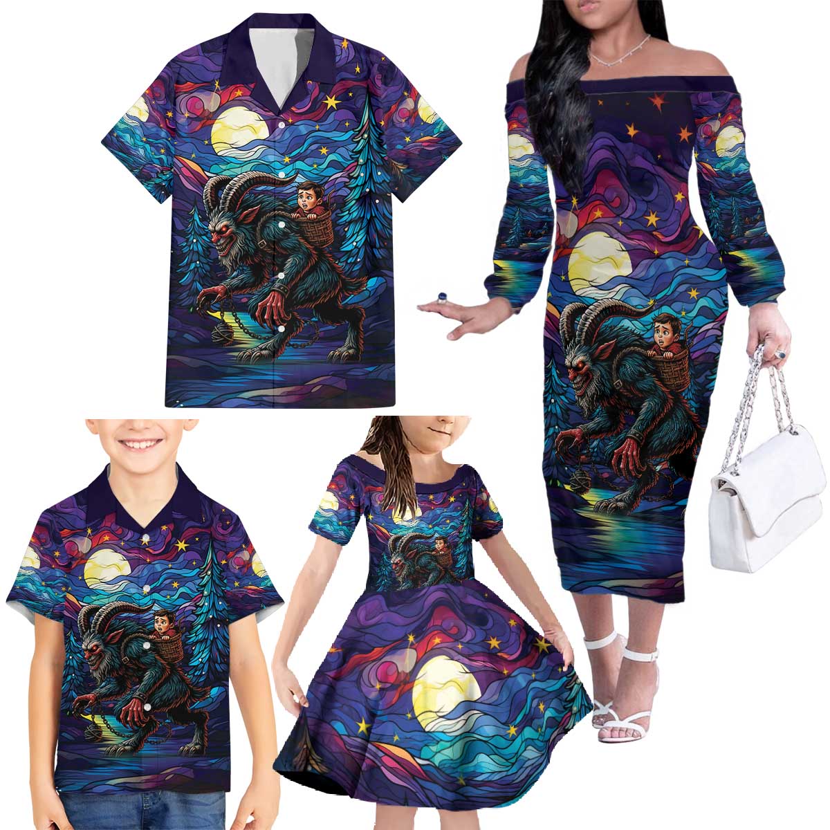 Stained Glass Krampus Family Matching Off The Shoulder Long Sleeve Dress and Hawaiian Shirt Gothic Christmas Myth - Wonder Print Shop