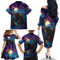 Stained Glass Krampus Family Matching Off The Shoulder Long Sleeve Dress and Hawaiian Shirt Gothic Christmas Myth - Wonder Print Shop