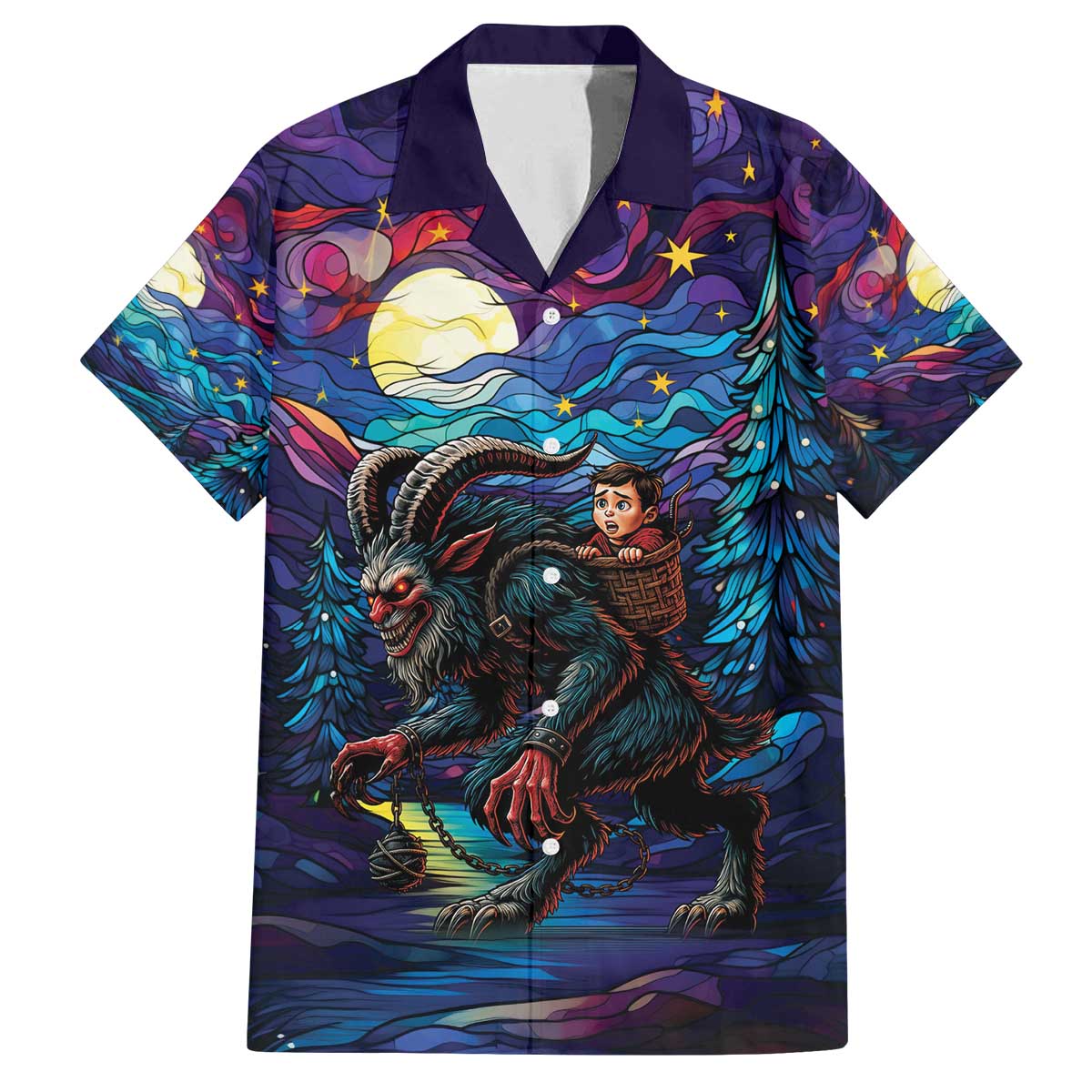 Stained Glass Krampus Family Matching Off The Shoulder Long Sleeve Dress and Hawaiian Shirt Gothic Christmas Myth - Wonder Print Shop
