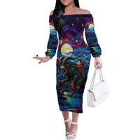 Stained Glass Krampus Family Matching Off The Shoulder Long Sleeve Dress and Hawaiian Shirt Gothic Christmas Myth - Wonder Print Shop