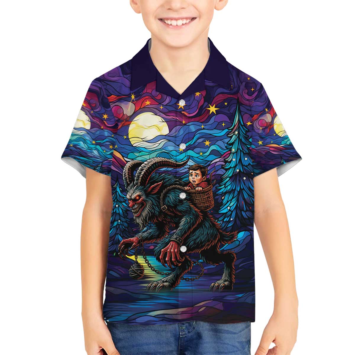 Stained Glass Krampus Family Matching Off The Shoulder Long Sleeve Dress and Hawaiian Shirt Gothic Christmas Myth - Wonder Print Shop
