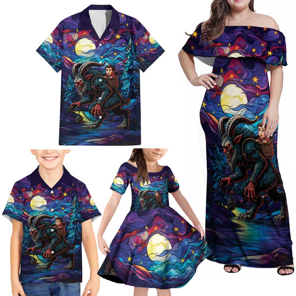 Stained Glass Krampus Family Matching Off Shoulder Maxi Dress and Hawaiian Shirt Gothic Christmas Myth - Wonder Print Shop