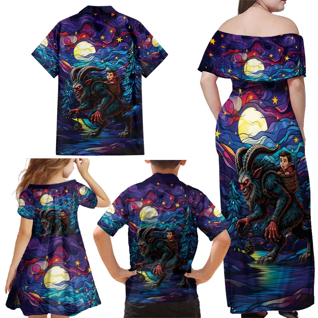 Stained Glass Krampus Family Matching Off Shoulder Maxi Dress and Hawaiian Shirt Gothic Christmas Myth - Wonder Print Shop