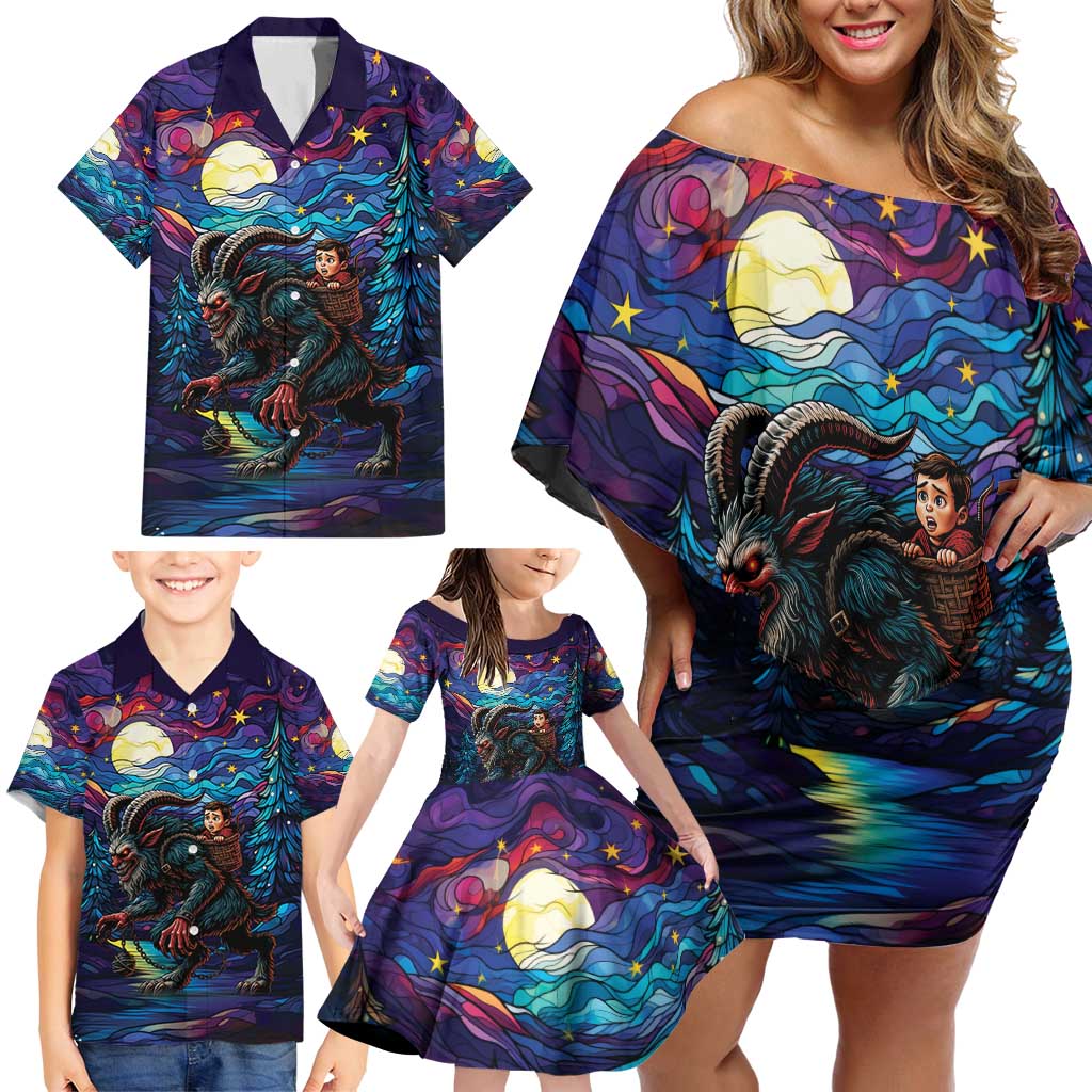 Stained Glass Krampus Family Matching Off Shoulder Short Dress and Hawaiian Shirt Gothic Christmas Myth - Wonder Print Shop