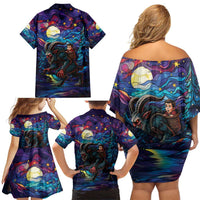 Stained Glass Krampus Family Matching Off Shoulder Short Dress and Hawaiian Shirt Gothic Christmas Myth - Wonder Print Shop