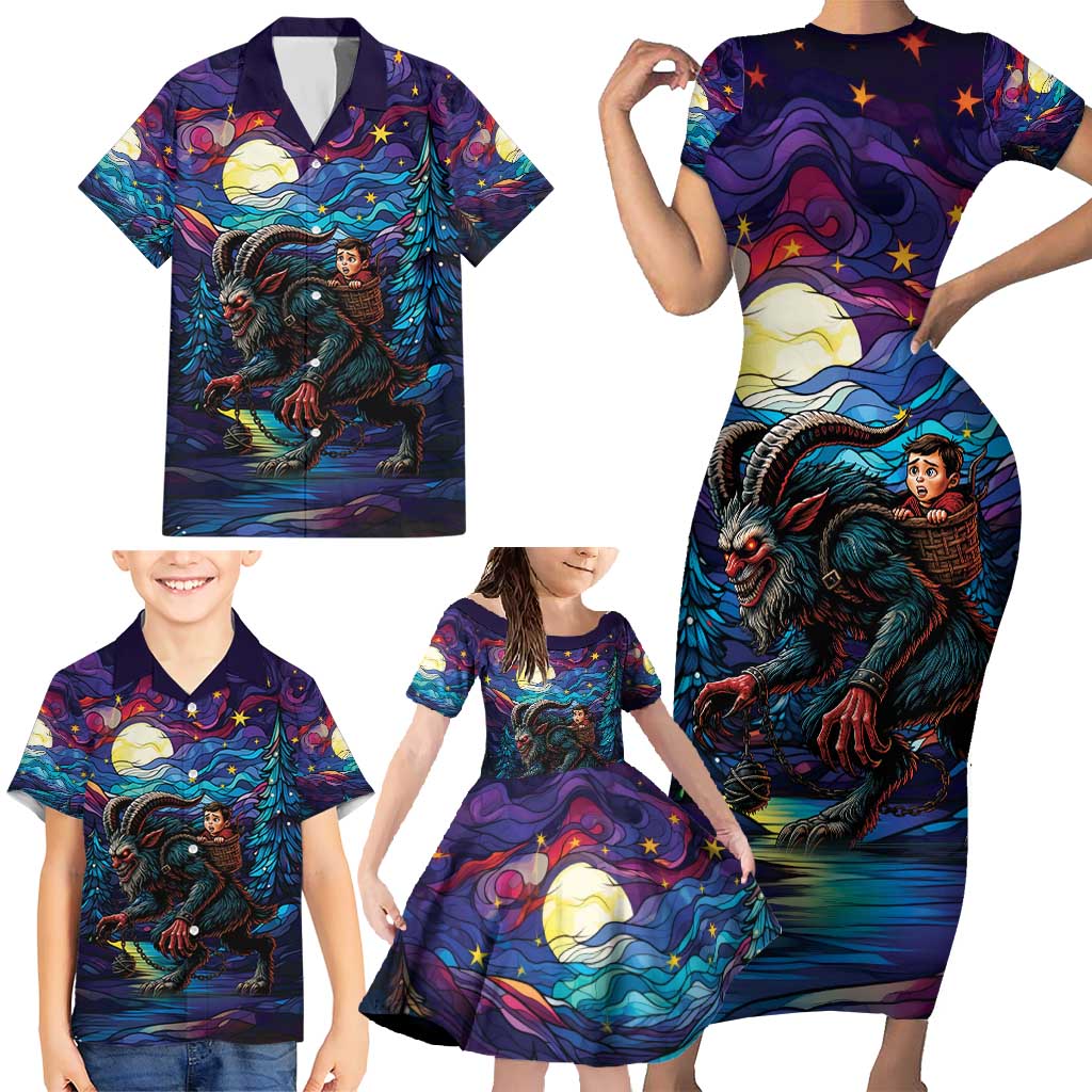 Stained Glass Krampus Family Matching Short Sleeve Bodycon Dress and Hawaiian Shirt Gothic Christmas Myth - Wonder Print Shop