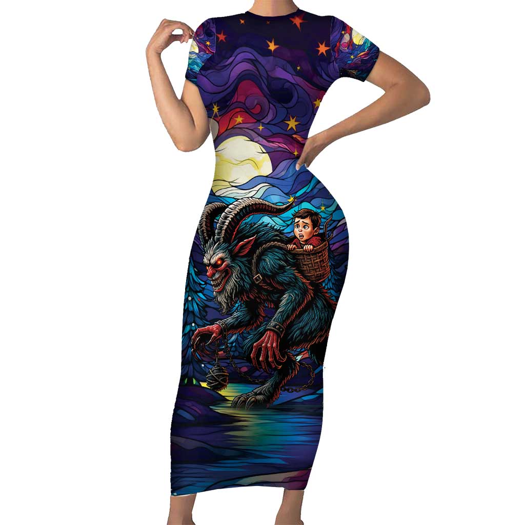 Stained Glass Krampus Family Matching Short Sleeve Bodycon Dress and Hawaiian Shirt Gothic Christmas Myth - Wonder Print Shop