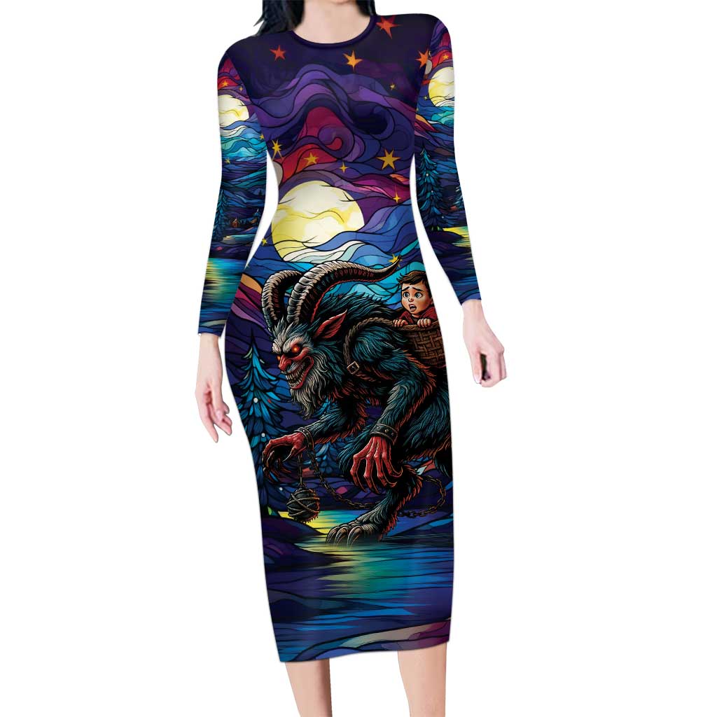 Stained Glass Krampus Long Sleeve Bodycon Dress Gothic Christmas Myth - Wonder Print Shop