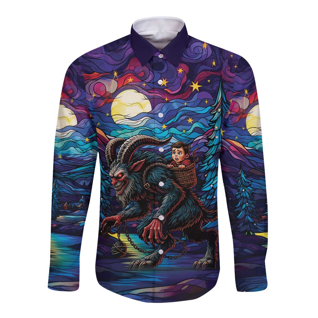 Stained Glass Krampus Long Sleeve Button Shirt Gothic Christmas Myth - Wonder Print Shop