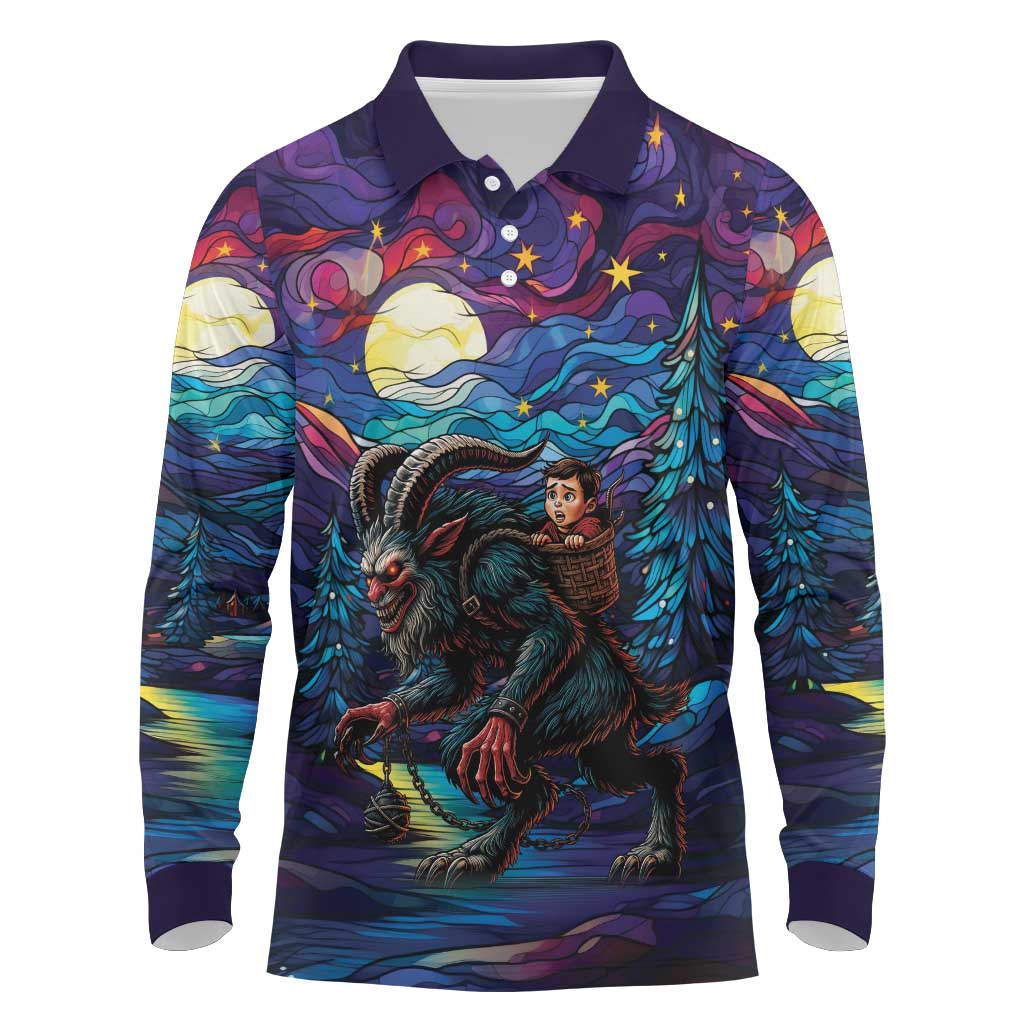 Stained Glass Krampus Long Sleeve Polo Shirt Gothic Christmas Myth - Wonder Print Shop