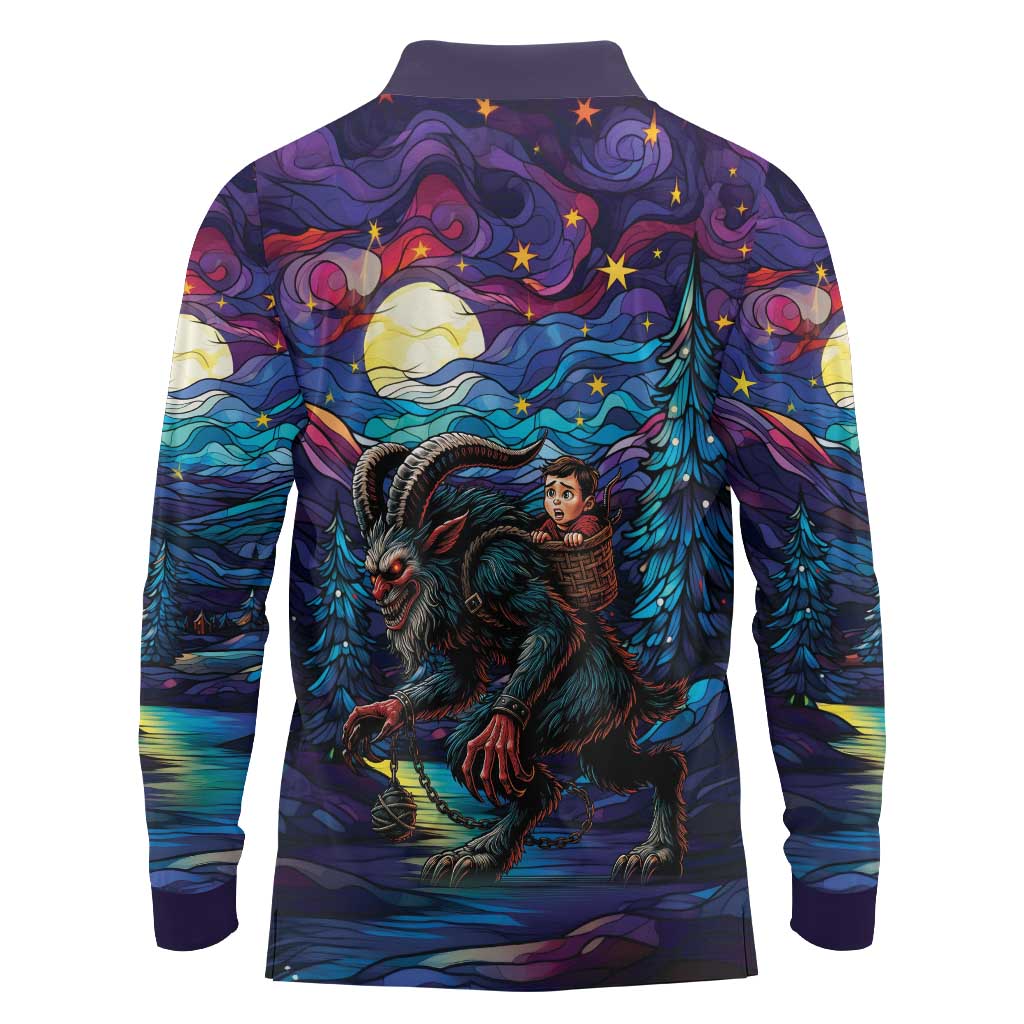 Stained Glass Krampus Long Sleeve Polo Shirt Gothic Christmas Myth - Wonder Print Shop