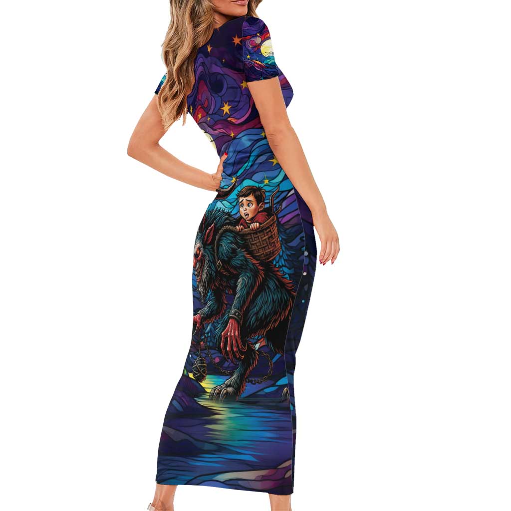 Stained Glass Krampus Short Sleeve Bodycon Dress Gothic Christmas Myth - Wonder Print Shop