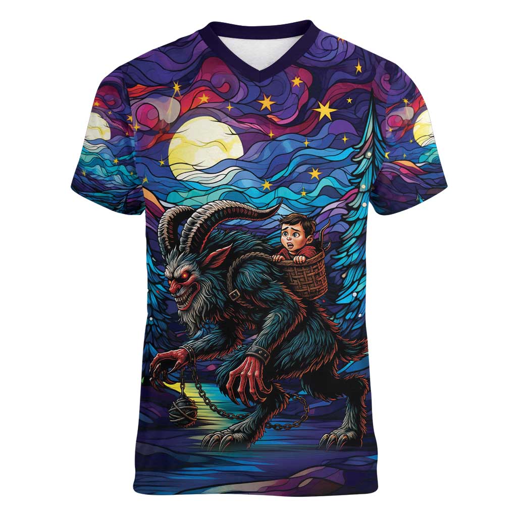 Stained Glass Krampus Women V-Neck T-Shirt Gothic Christmas Myth - Wonder Print Shop