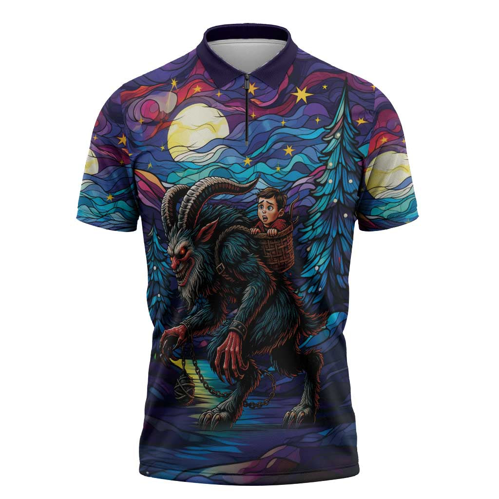 Stained Glass Krampus Zipper Polo Shirt Gothic Christmas Myth - Wonder Print Shop