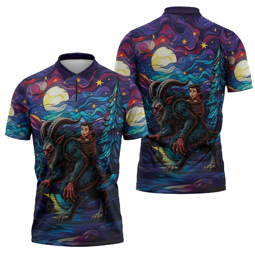 Stained Glass Krampus Zipper Polo Shirt Gothic Christmas Myth - Wonder Print Shop