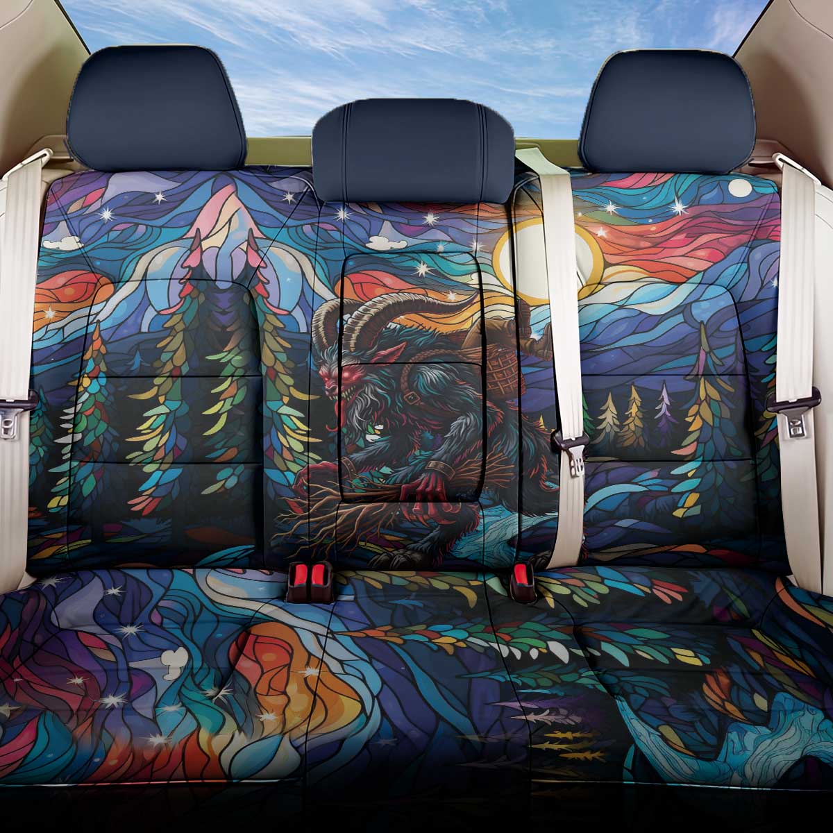 Stained Glass Krampus Back Car Seat Cover Folklore Horror Art - Wonder Print Shop