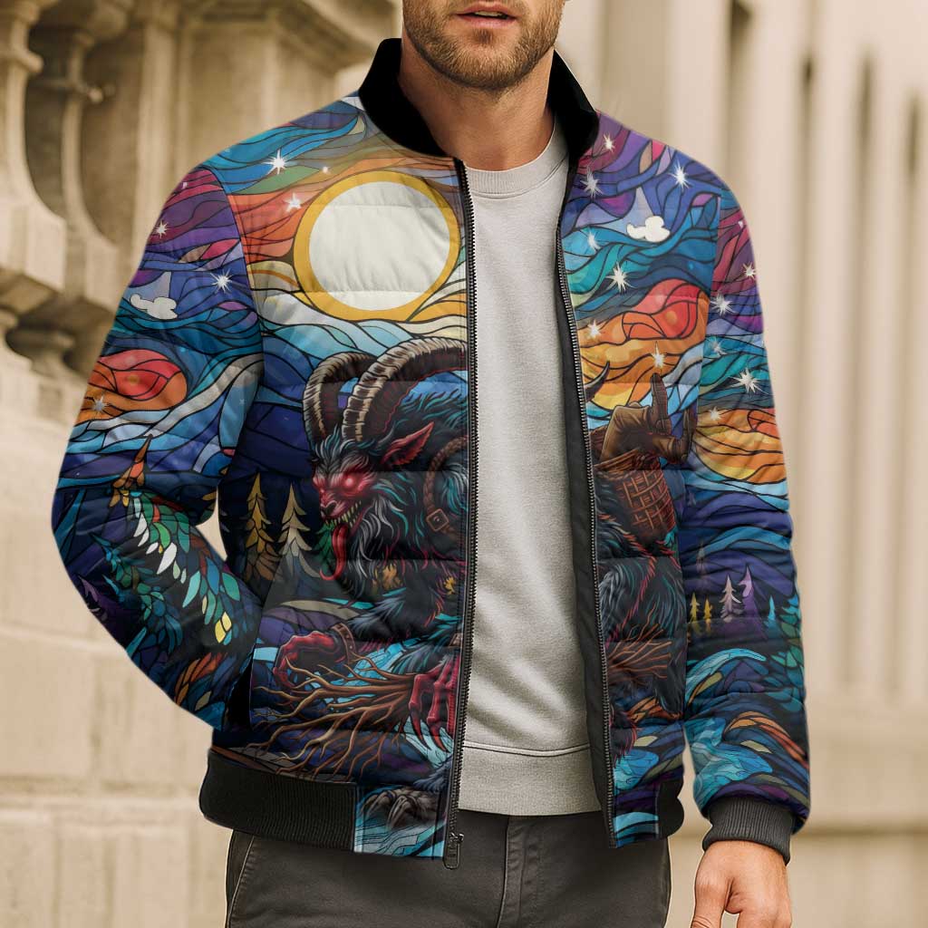 Stained Glass Krampus Bomber Puffer Jacket Folklore Horror Art - Wonder Print Shop